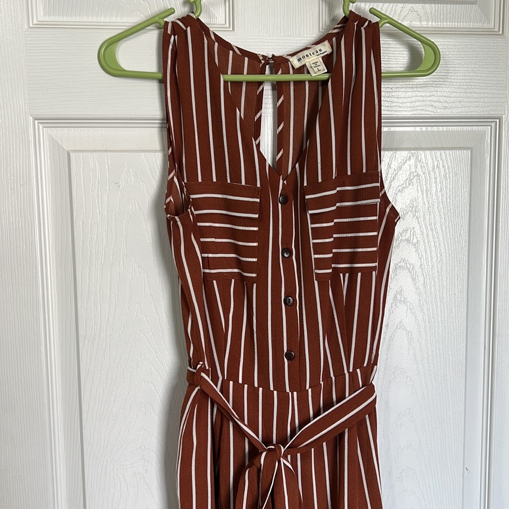 Rust pin striped jumpsuit by Monteau. Size Large. Wide leg pant.